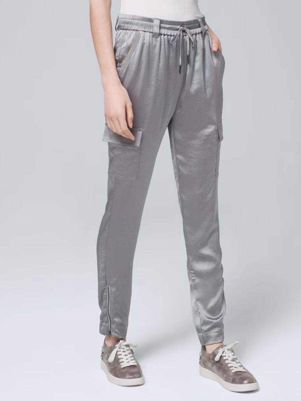 WHBM WKND The Jogger Silver Satin Cargo Pants